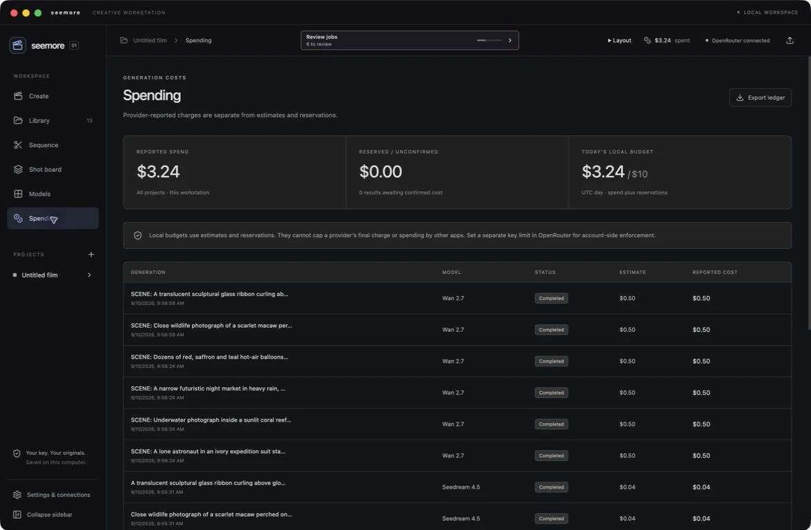 The seemore spending ledger showing actual OpenRouter generation charges in dollars